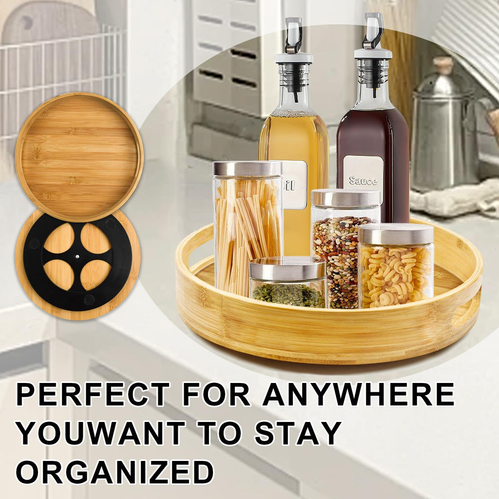 Wooden Lazy Susan Organizer for cabinet-12 Inch Bamboo Kitchen Turntable Organizer with Double Handles-Large Bamboo