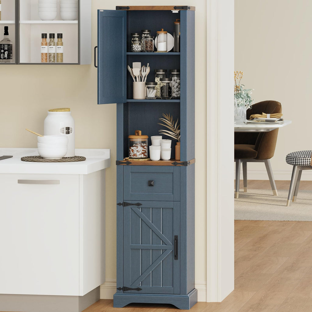 66" Tall Farmhouse Bathroom Storage Cabinet with Barn Doors, Blue