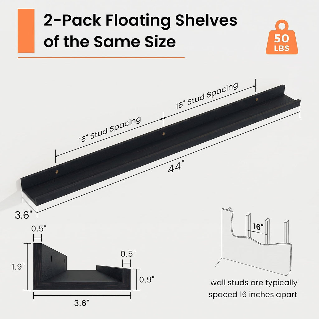 Picture Ledge Shelf, 44 inch Floating Shelves Set of 2, Black Wood Shelf