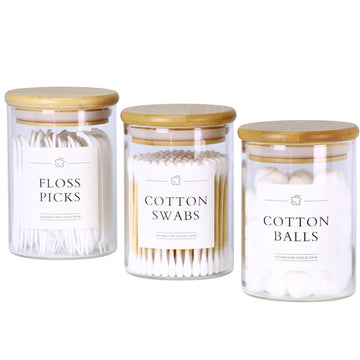 3 Pack Qtip Holder Dispenser - Glass Apothecary Jars with Lids, Cotton Ball Pad Swab Round Holder, Bamboo Bathroom