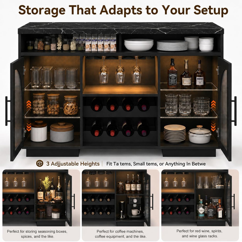 54" Coffee Bar Cabinet with Storage, LED Lights and Arched Glass Doors | Black Wine Bar Cabinet with Wine Rack and