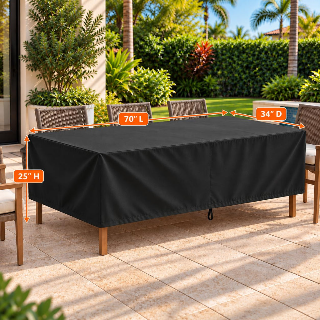 Outdoor Table Cover Waterproof, Rectangular Patio Dining Table Cover with Air Vent and Leg Straps - 70"L x 34"W x