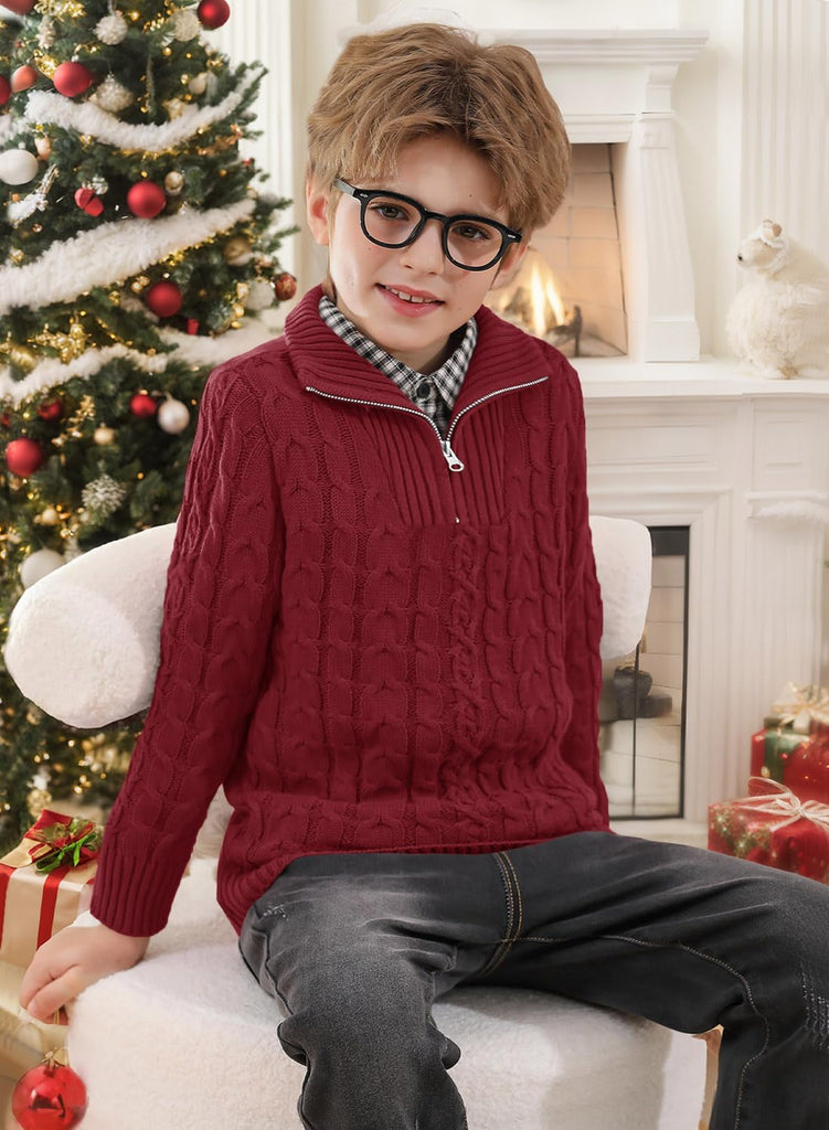 Boys Winter Warm Cable Knit Sweaters Cute Turtle Neck Casual Quarter Zip Pullover