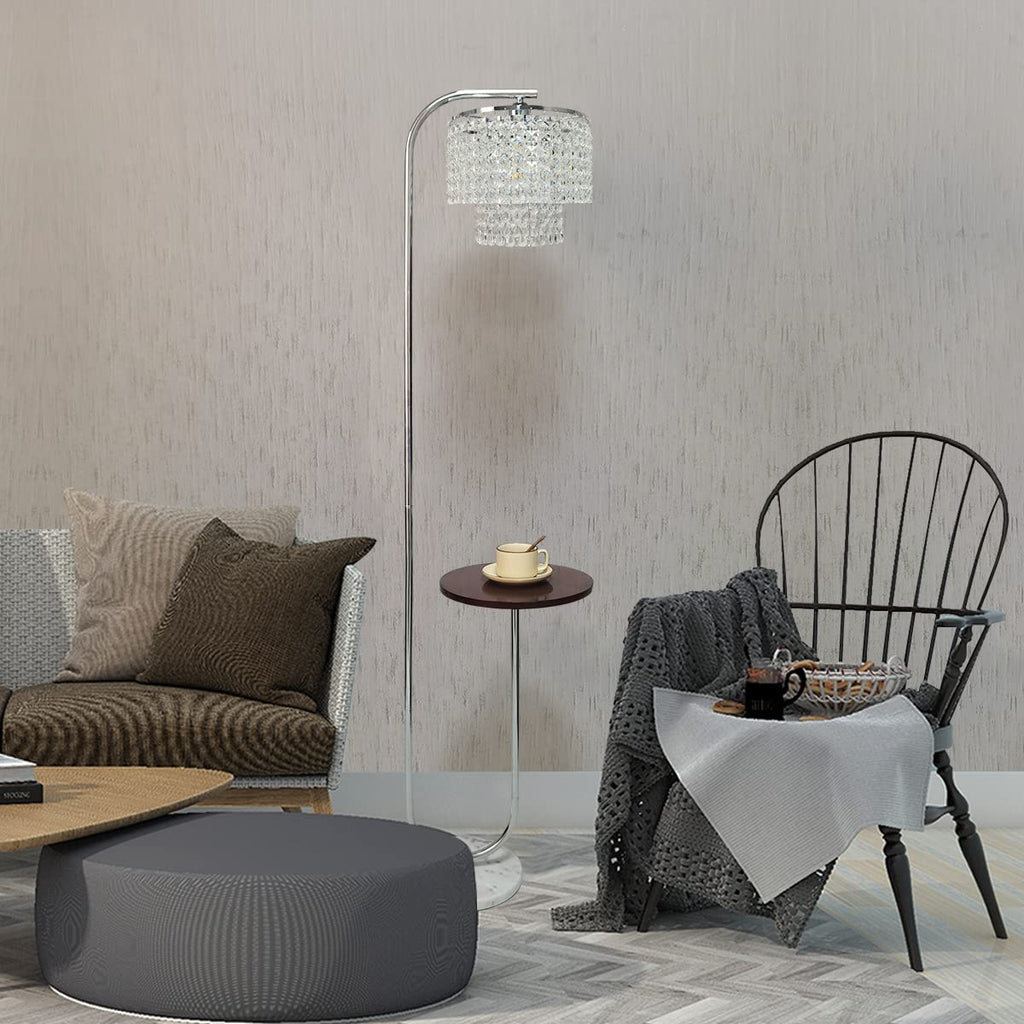 Arc Crystal Floor Lamp - Marble Base Modern Tall Stand Up Light with Table, Contemporary Over the Couch Chrome Lamp