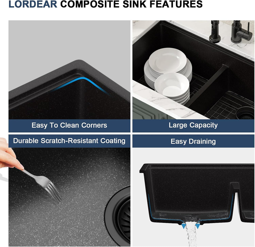 32 Inch Undermount Black Granite Double Bowl Sink Workstation 50/50 | Composite Granite Quartz Kitchen Sinks