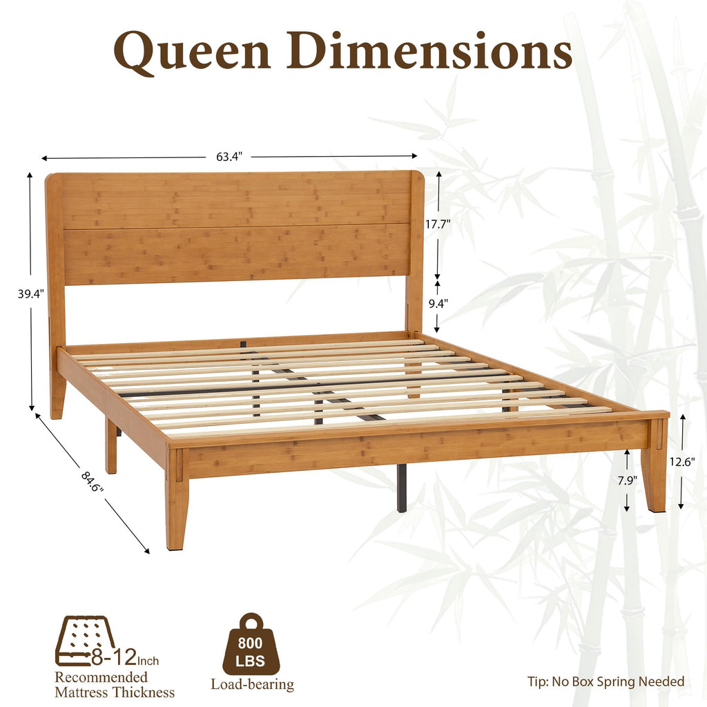 Solid Bamboo Queen Bed Frame with Headboard, Japanese Joinery