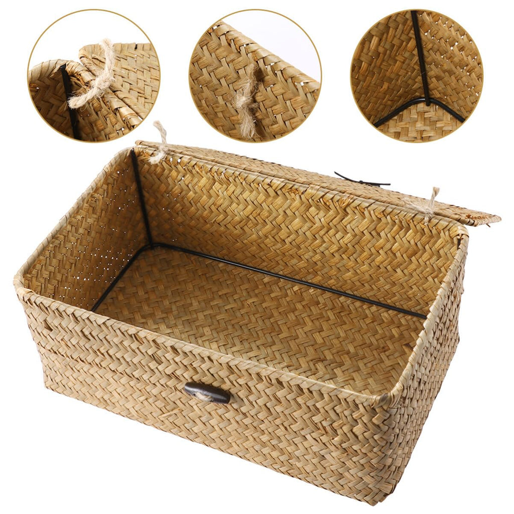 Woven Storage Box Wicker Storage Bins with Lid Seagrass Basket Desktop Hand- Woven Box Shelf Organizer