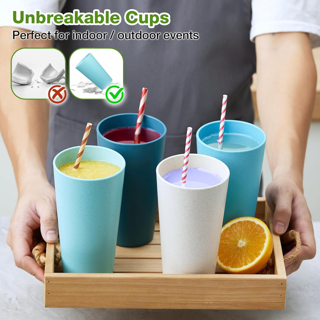 Wheat Straw Cups Set of 8, 20 oz Unbreakable Drinking, Chip Resistant, Reusable Water Set, Large , Camping, BPA Free