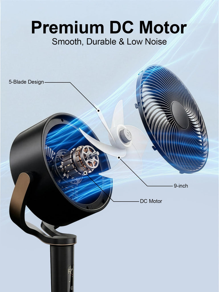 38-46" Pedestal Fan , 150+120°Omnidirectional Oscillating Standing Fan w/16 Speed & 4 Mode, Ambient Light, Quiet DC