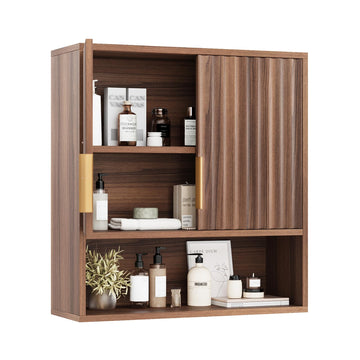 Bathroom Wall Cabinet, Walnut Fluted Medicine Cabinet with Doors, Wall Mounted Storage Cabinet Over Toilet with