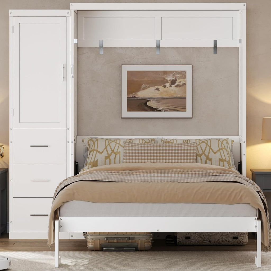 Full Murphy Bed with Drawers and Wardrobe,Multifunctional Foldable Wood Platform Bed Frame for Small Spaces Studio