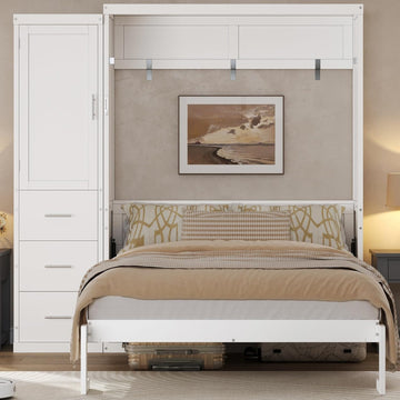 Full Murphy Bed with Drawers and Wardrobe,Multifunctional Foldable Wood Platform Bed Frame for Small Spaces Studio