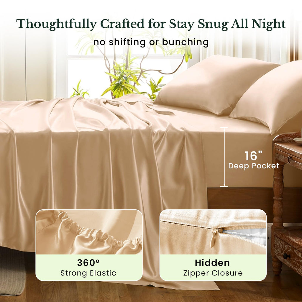 Mulberry Silk Bed Sheet Set, 4 Pcs, Champagne