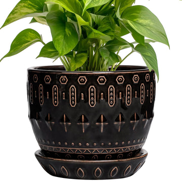 Ceramic Pot for Plants 5.5 Inch - Ceramic Plant Pot Indoor with Drainage Hole and Saucer, Round Boho Planter for