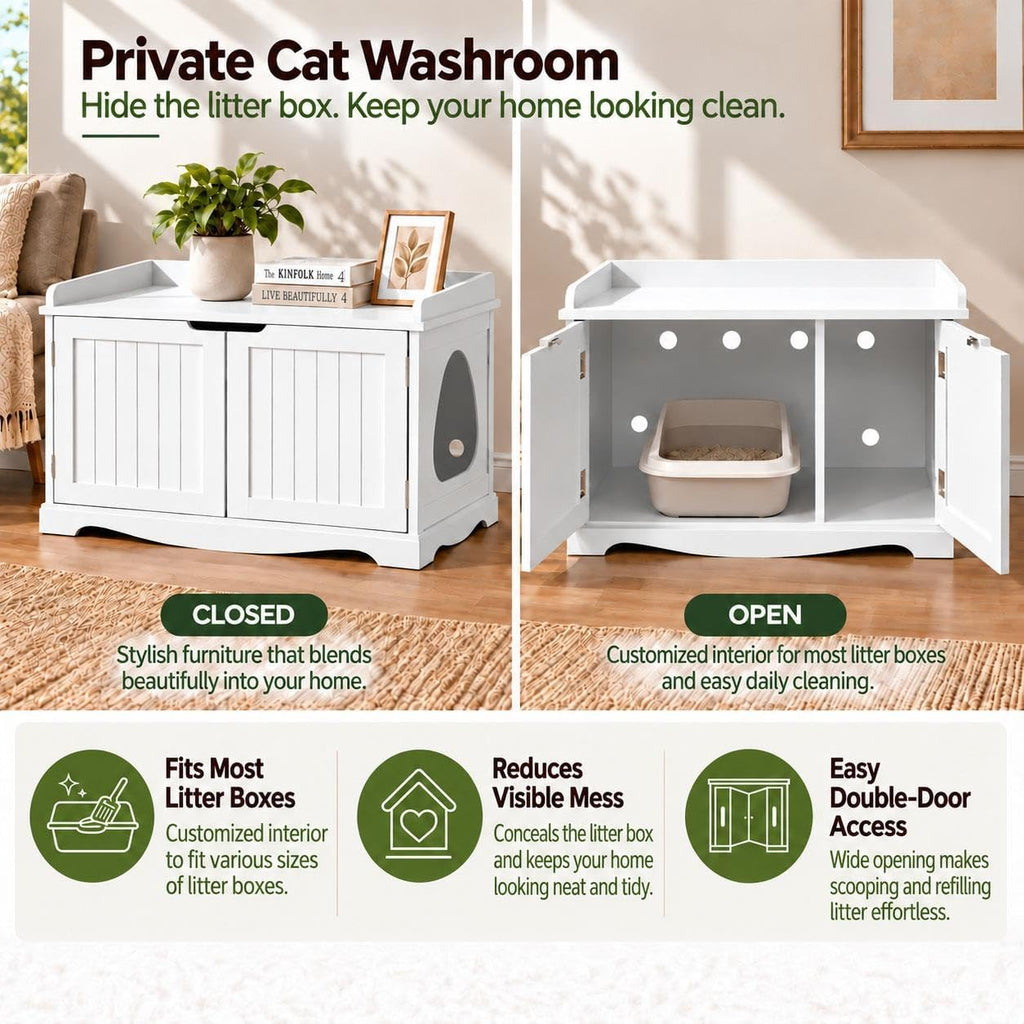 Hidden Cat Litter Box Enclosure Furniture, White Side Table