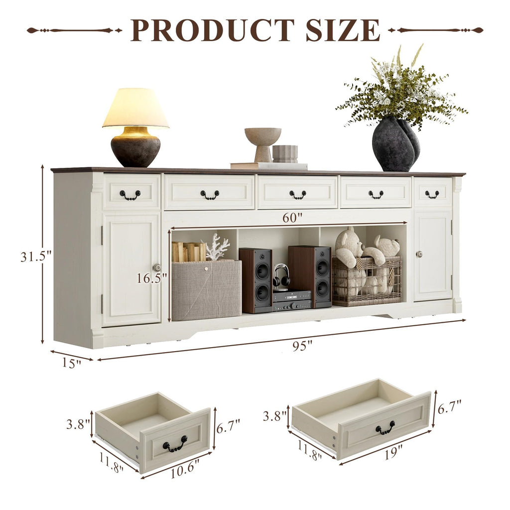 95" Large Farmhouse TV Stand, Entertainment Center for TV up to 100" White