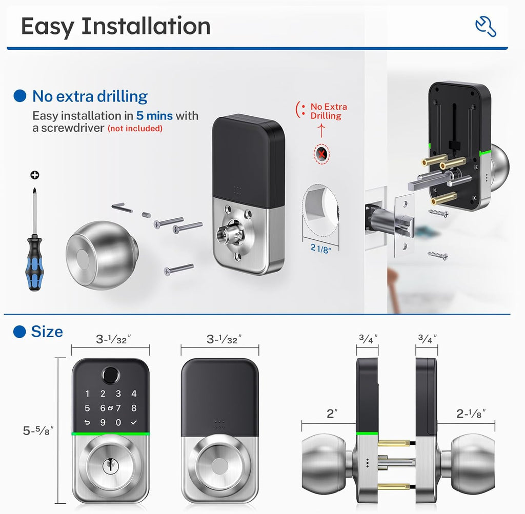 Keypad Smart Door Lock with Knob: Keyless Entry Fingerprint Lock