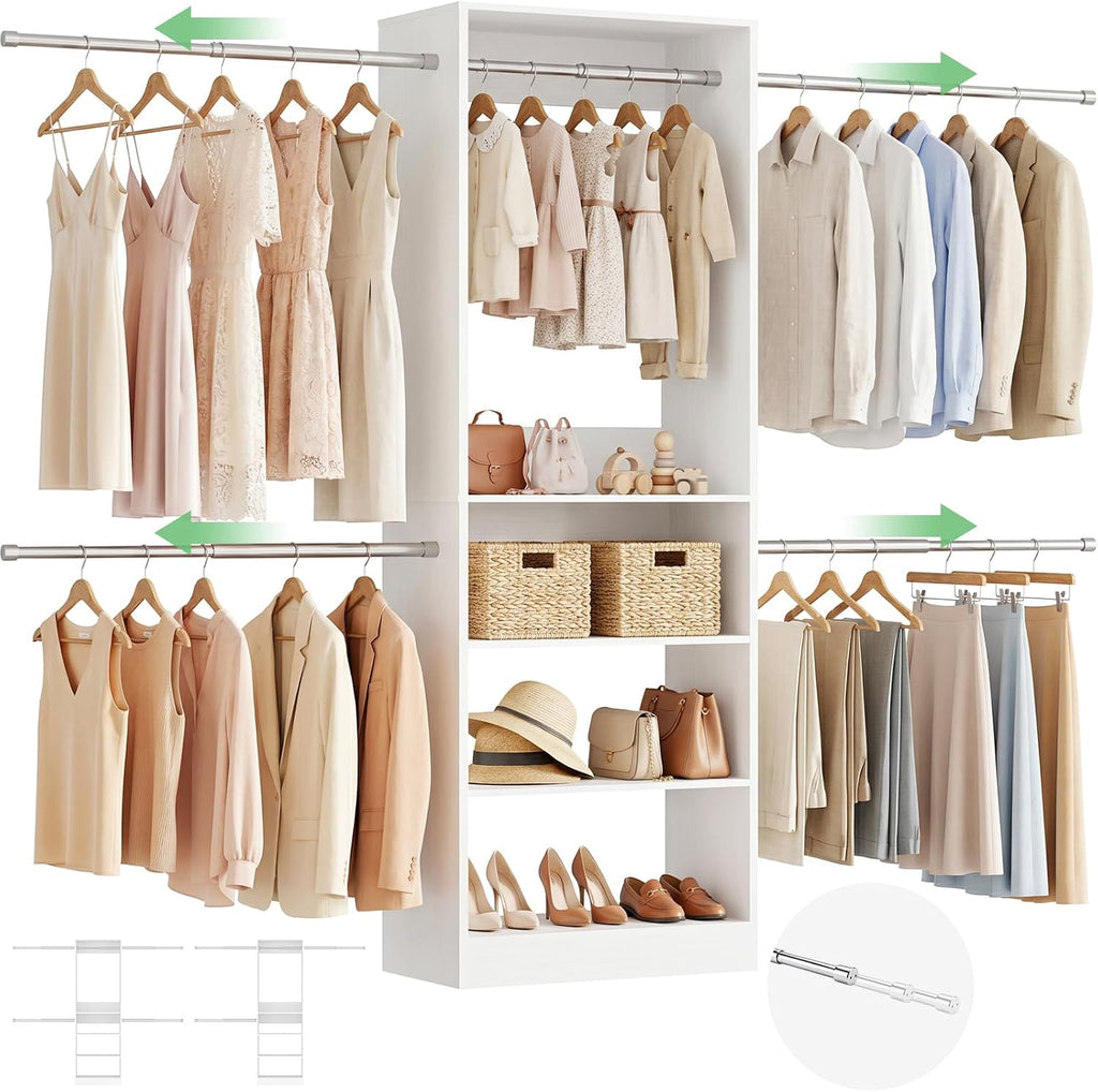 12FT Large Open Closet System, 138'' Wall-Mounted Closet Shelving with 5 Hanging Rods and 6 Shelves, Customizable