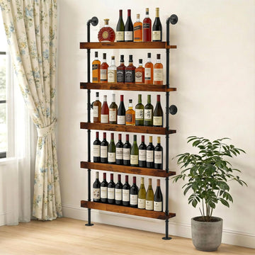 5-Tier Wall Mounted Wine Rack, Industrial Pipe Floating Bar Shelves, Liquor Bottle Display Shelf Holds 40+ Bottles