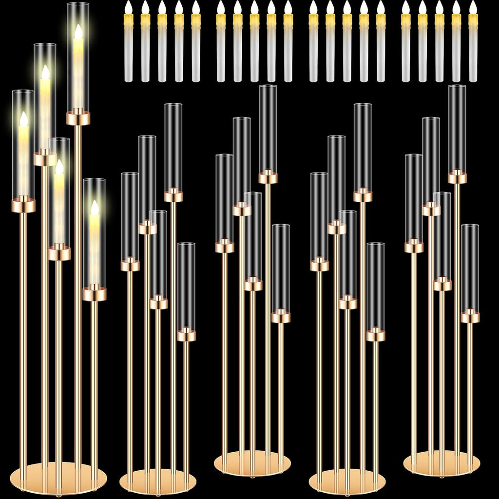 4 Sets Acrylic Candelabra Centerpieces 42.5" Tall Clear Candle Holders Pillar Taper Candlestick with Lampshades 5 Arm