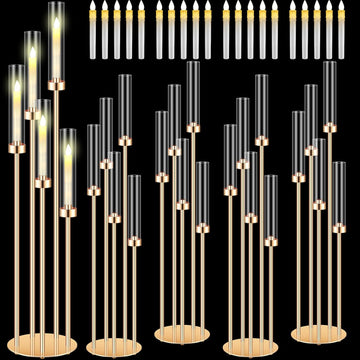 4 Sets Acrylic Candelabra Centerpieces 42.5" Tall Clear Candle Holders Pillar Taper Candlestick with Lampshades 5 Arm