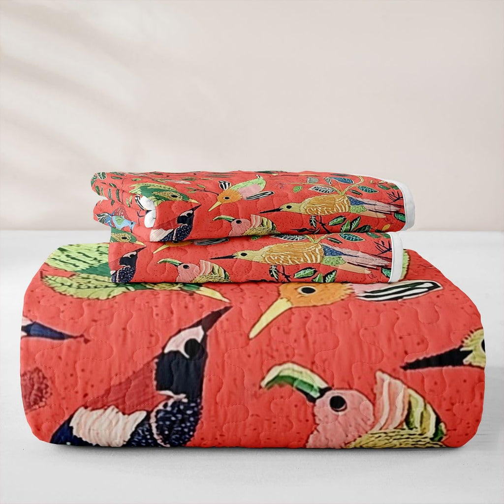 Birds Quilt Abstract Quilt Set Southwestern Leaves Plants Pattern Quilted Coverlet Breathable Natural Theme Red