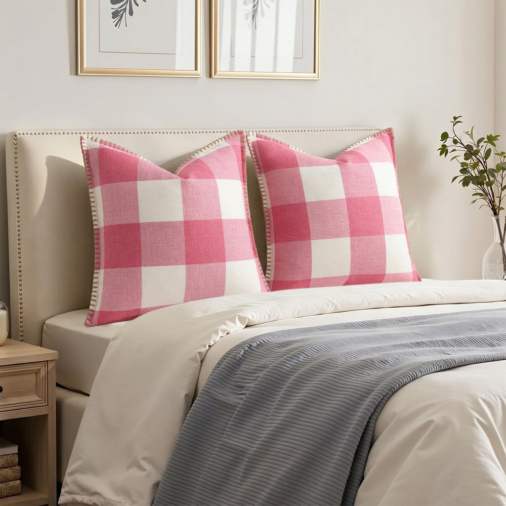 Fall Plaid Linen Throw Pillow Covers 24x24 Set of 2 Dusty Pink