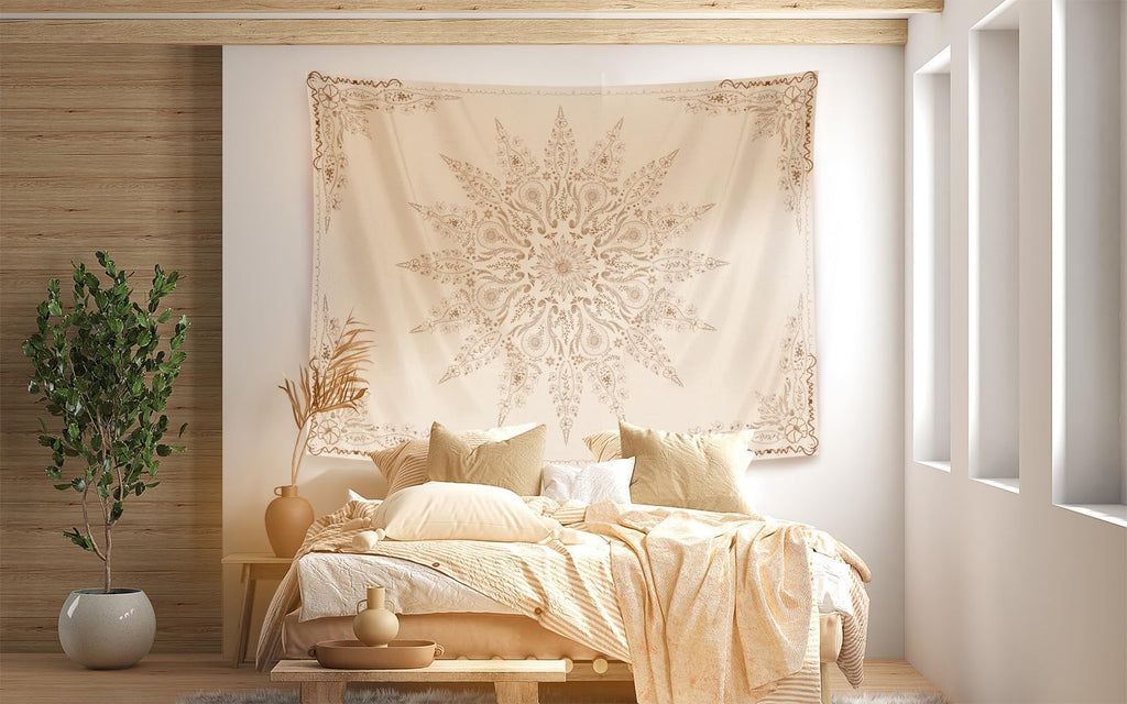 Floral Tapestry Wall Hanging Cute, Boho Wall Tapestry Aesthetic, Mandala Living Room Decor for Teen Girls (Flaxen