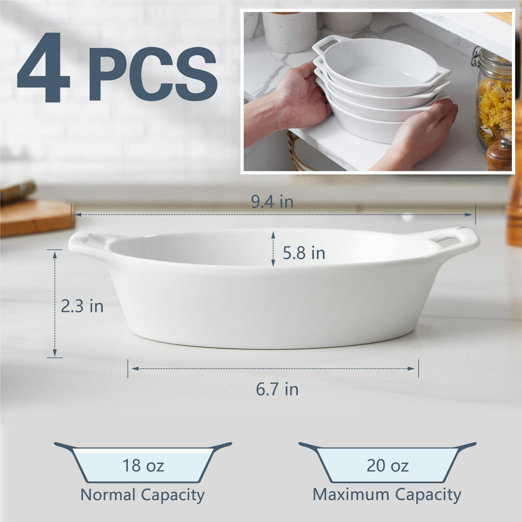 Oval Ceramic Au Gratin Baking Dishes with Handles, 20 oz, Set of 4