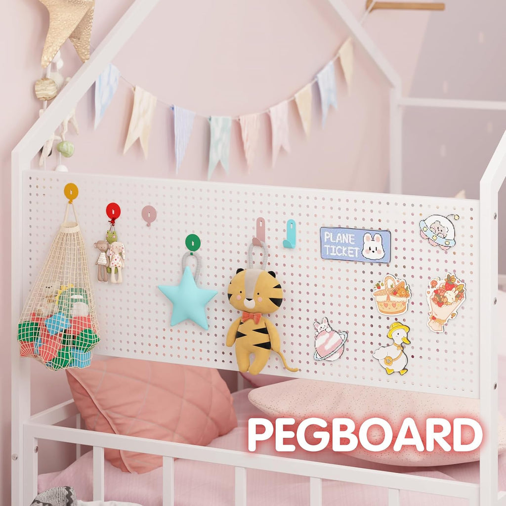 Montessori House Bed for Kids, Metal Floor Bed with Pegboard