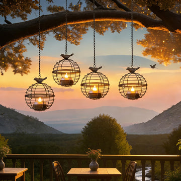 Solar Lanterns Outdoor Waterproof, Hanging Solar Lights with Rustic Iron Sphere Candle Holder, Globe Chandelier with