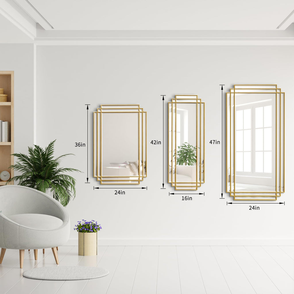 42"x16" Rectangle Beveled Wall Mirror with Black Geometric Frame