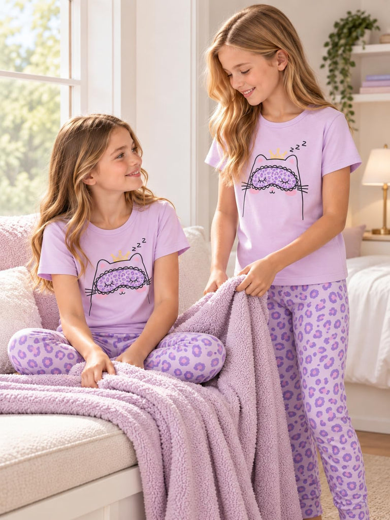 Girls Short Sleeve Piece Cotton Rib-Knit Pajamas Set