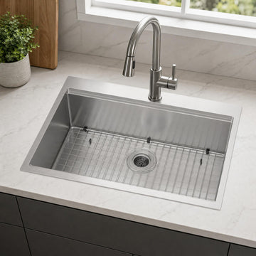 Topmount 32×22×10 inch Single Bowl with Ledge, Brushed Stainless Steel, Includes Drain and Grid, Great s, Apartments
