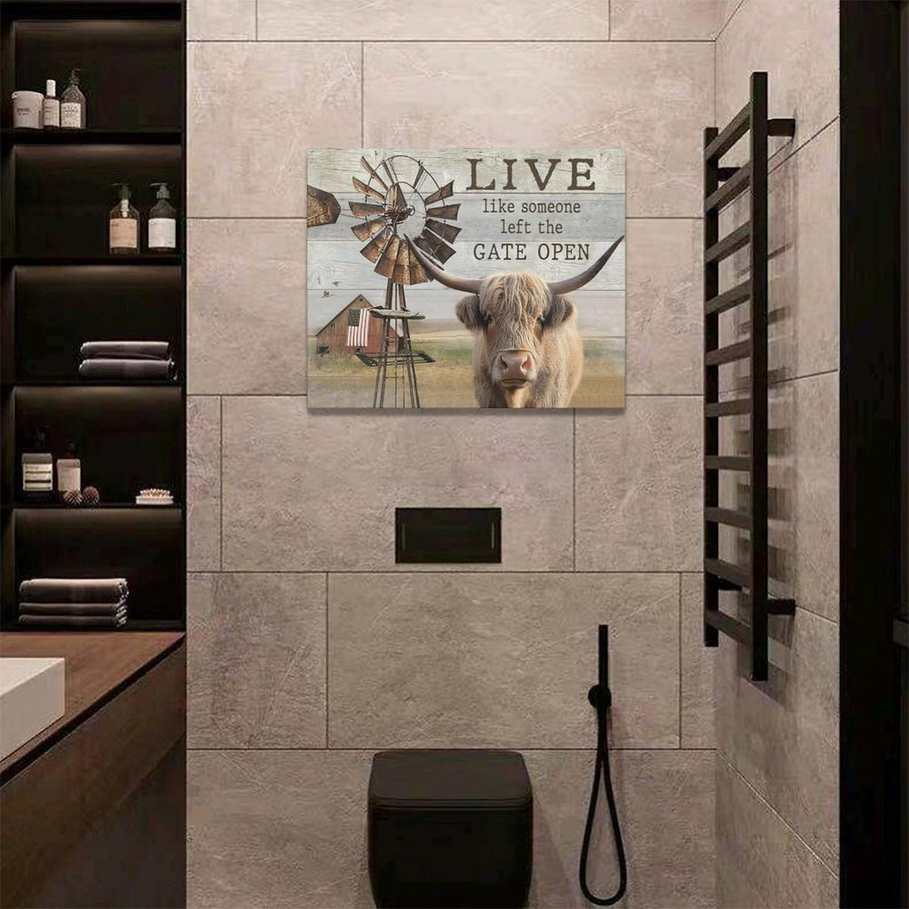 Highland Cow Canvas Prints - Wall Decor Farmhouse Rustic Windmill Painting Modern Artwork Bathroom Living Room 20"x16"