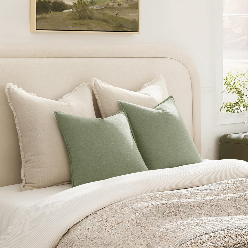 Pack of 2 Decorative Linen Pillow Covers Sage Green Euro Sham Neutral Farmhouse Boho Soild Cushion Case Soft Accent