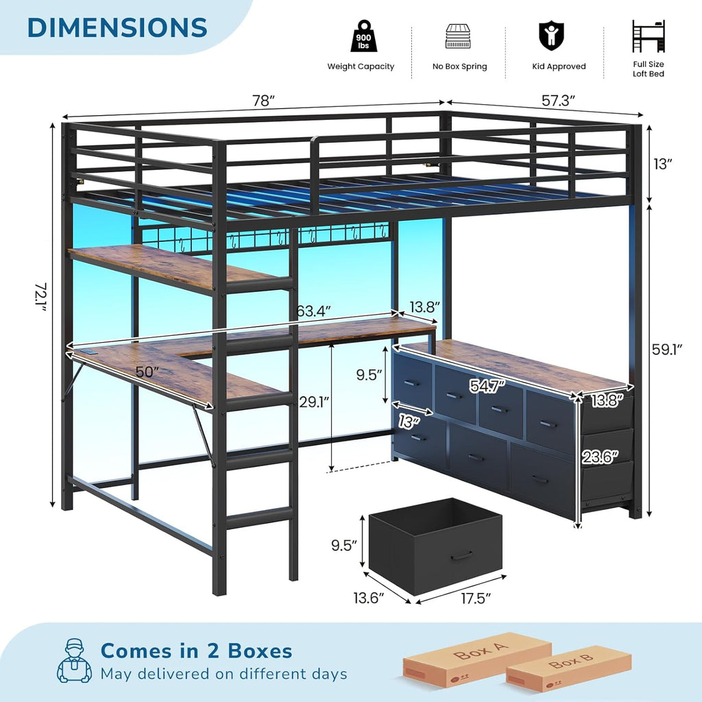 Full Loft Bed with U-Shaped Desk, 7-Drawer Storage and 2-Tier Shelves, Built-in Charging Station and RGB LED Lights