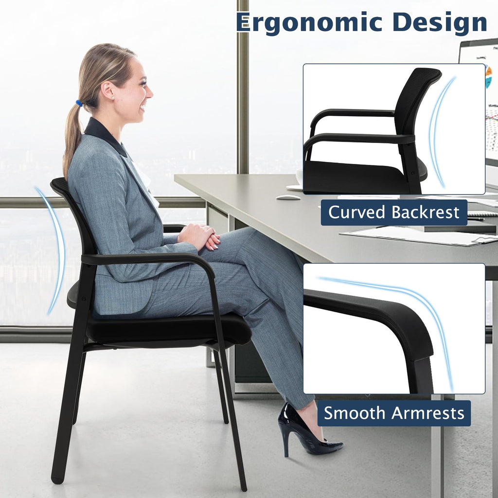 2-Pack Reception Room Chair Set with Mesh Back, Metal Frame & Padded Seat, Armrests, No Wheels, Stacking Guest Chairs