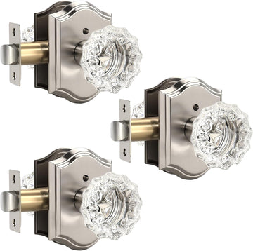 Glass Door Knobs Interior, Vintage Privacy Crystal Door Knobs , Satin Nickel Door Locksets, Push Pin Button Inside