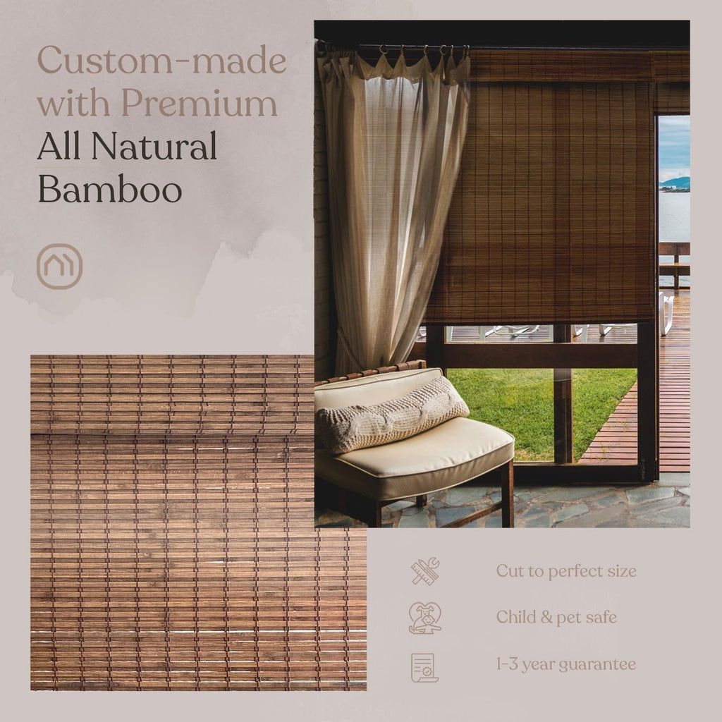 Custom Bamboo Shades | Rustic | Cordless Bamboo Roman Shades for Windows and Doors (Natural Woven) | Rustic Walnut