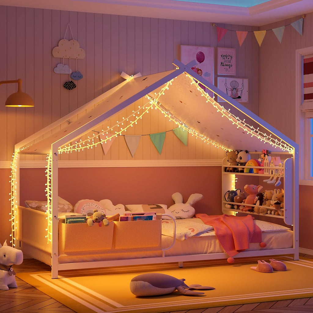 House Shape Montessori House Bed with 2 Tier Wood Bookshelf
