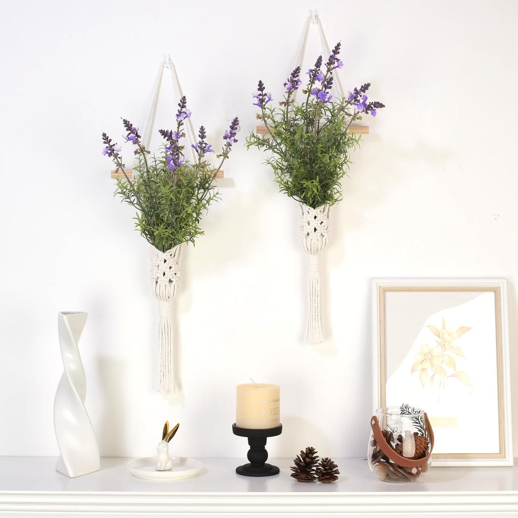 Macrame Wall Hanging Plant with Artificial Lavender, Boho Indoor Wall Decor, 2 Pack