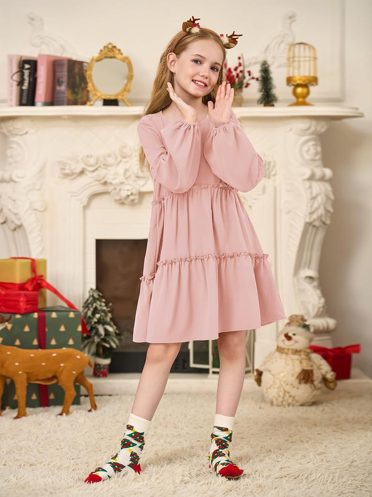 Lantern Long Sleeve Dress Kids Flowy Tiered Ruffle Crewneck A-Line Fall Dresses