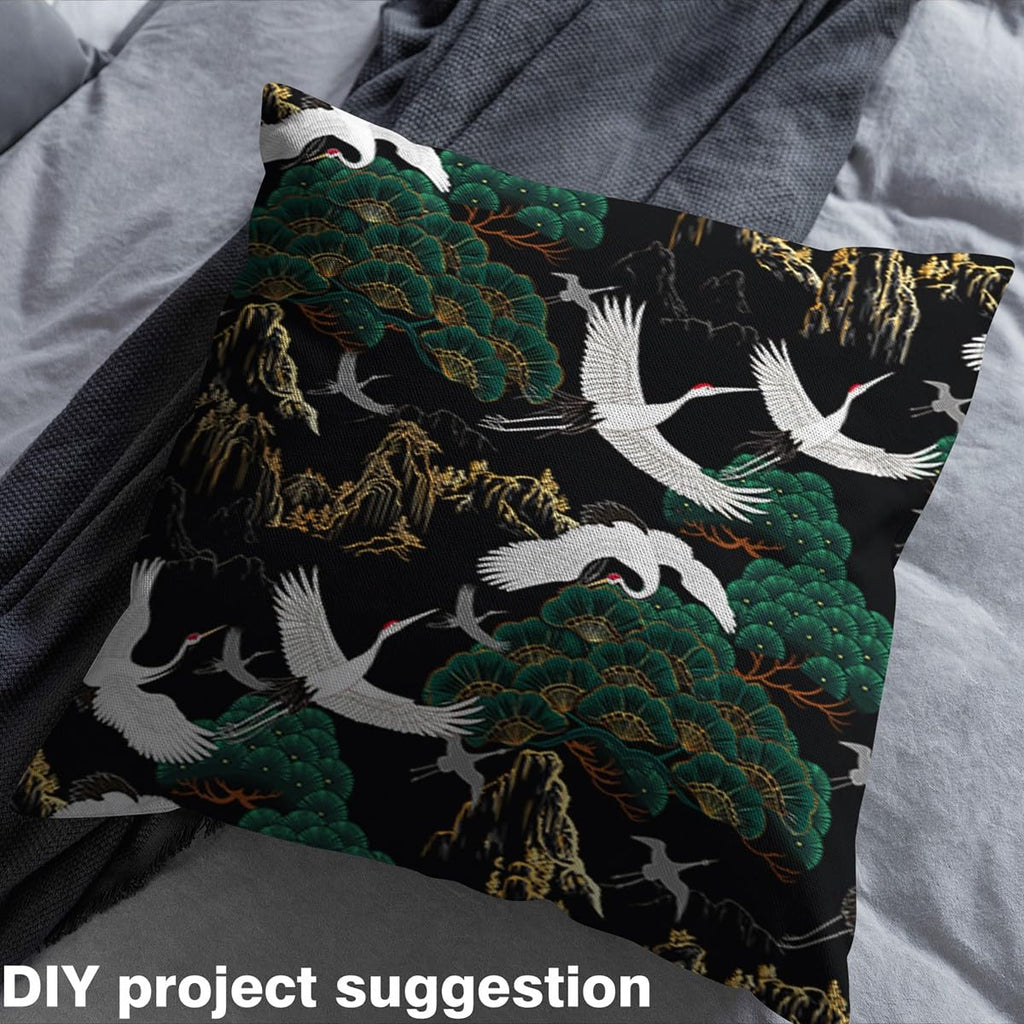 White Crane Fabric by The Yard Green Wild Trees Sketch Mountain Decor Soft Polyester No Stretch Eastern Style Bird
