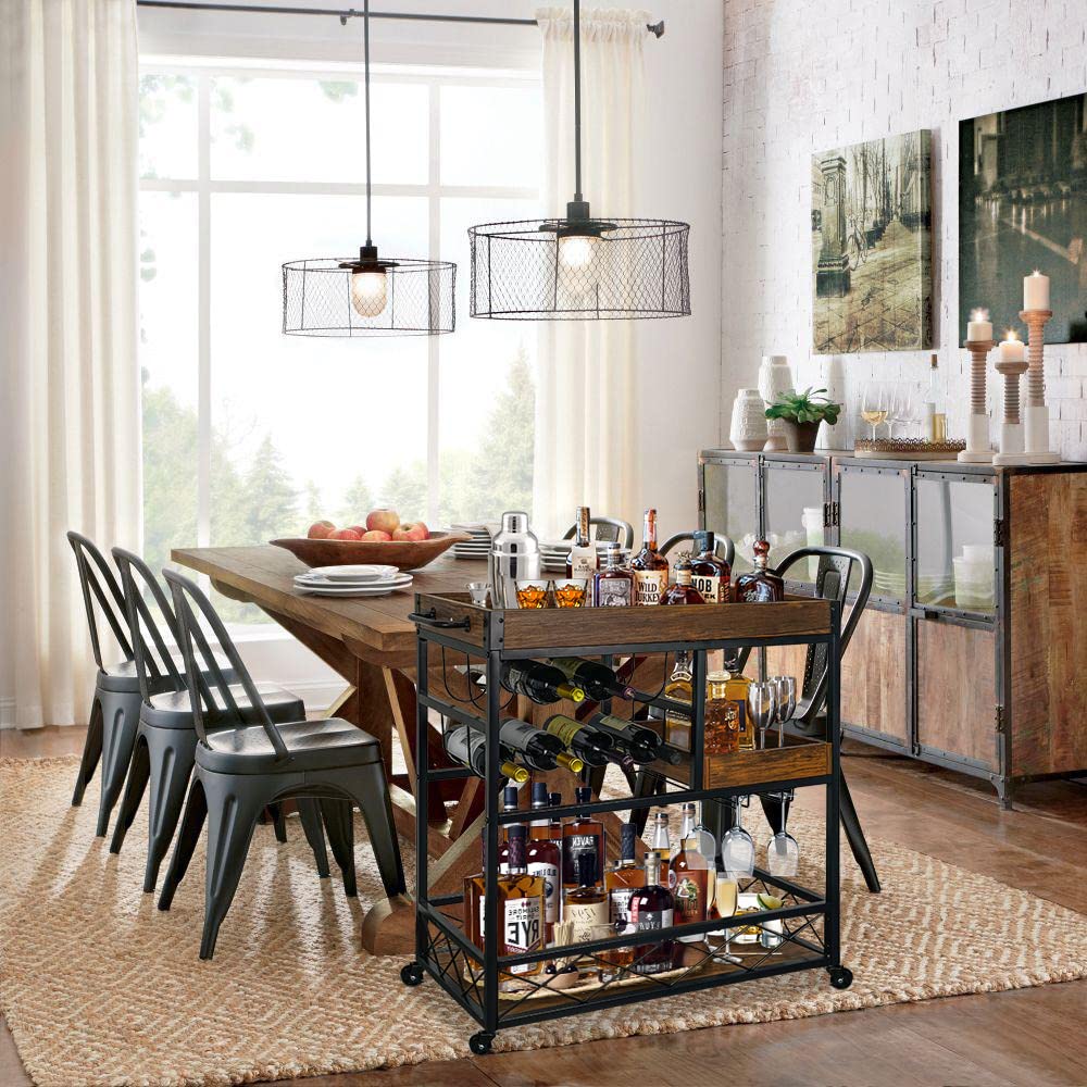 Bar Cart Industrial Mobile Kitchen Serving Carts 3 Tier Storage Trolley with Wine Rack Glasses Holder Two Portable