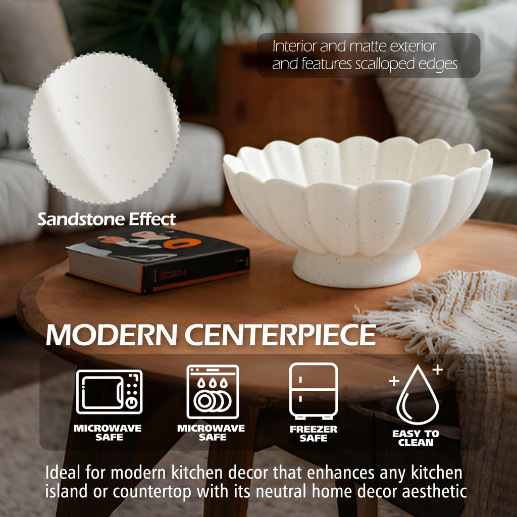 Large Fruit Bowl Counter-10.6" White Ceramic Fluted Scalloped Decorative Footed Bowl -Elegant Pedestal Display Bowls