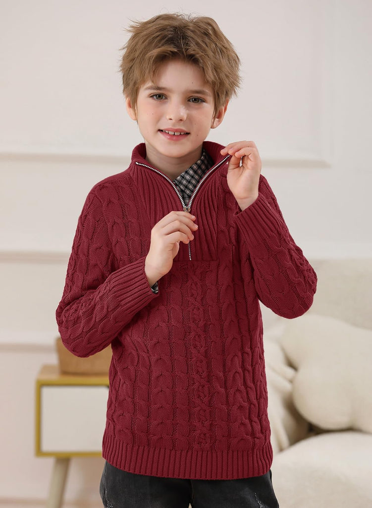 Boys Winter Warm Cable Knit Sweaters Cute Turtle Neck Casual Quarter Zip Pullover