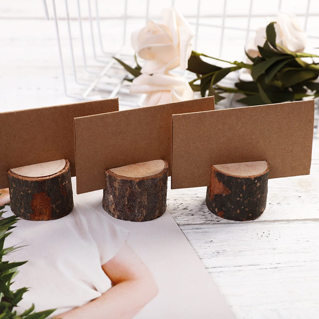 50 Pieces Wooden Place Card Holders with 50 Kraft Paper Cards, Rustic Wood Table Number Stands, Photo Holder for