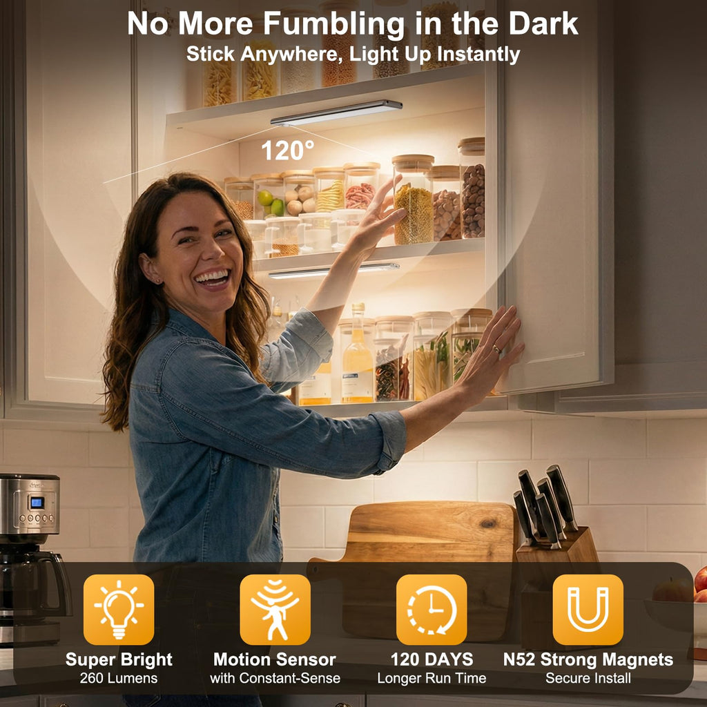 126 LED Under Cabinet Lighting Wireless, 2500mAh Rechargeable Closet Lights Motion Sensored, 3 Color Temps, Dimmable