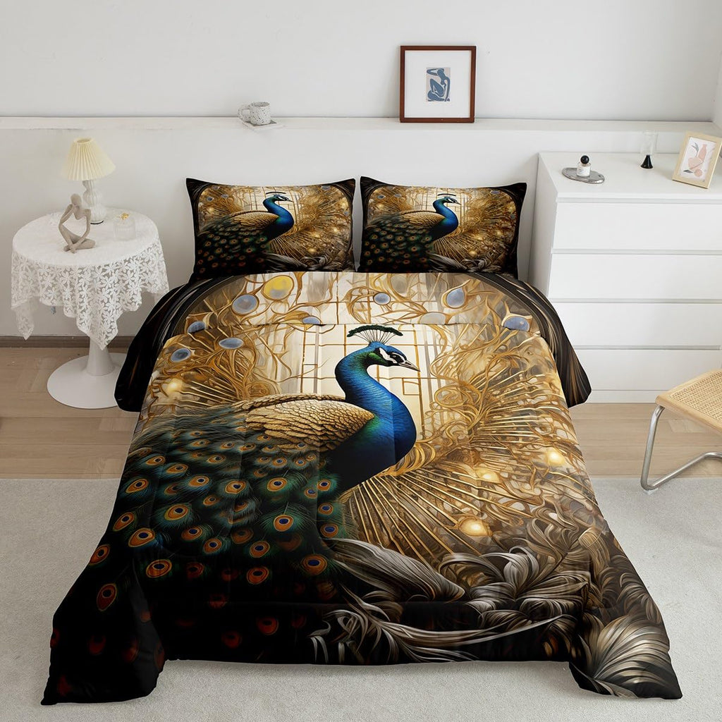 Peacock Comforter Set Exotic Birds Animal Bedding Queen, Elegant Gorgeous Golden Feather Bedding Comforter Sets